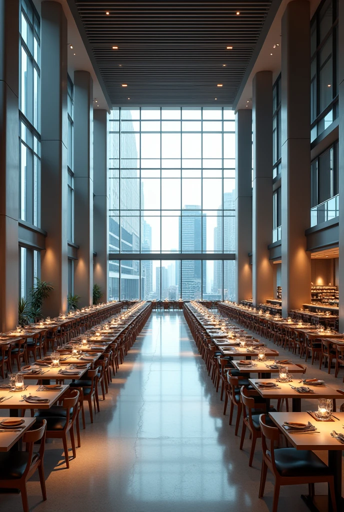 Large empty fancy modern company cafeteria with 300 tables