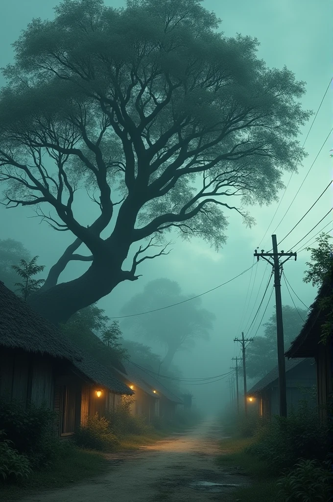 A small, isolated village with simple thatched houses. A large, old Peepal tree stands at the edge of the village, its twisted branches reaching out ominously, surrounded by an eerie mist. The scene is set during dusk, with villagers hurrying indoors, leaving the streets deserted.