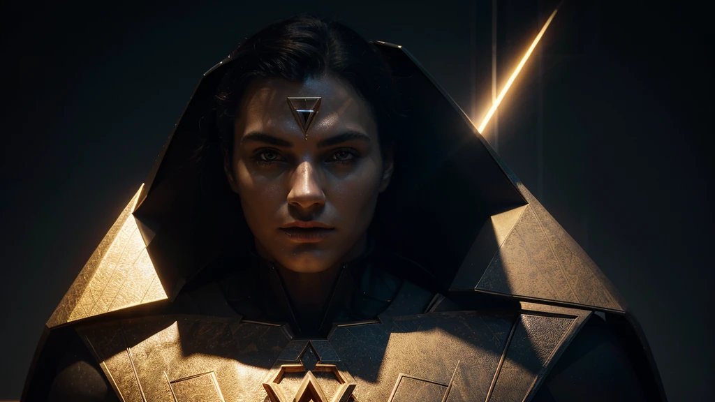 a dark background, a golden logo, a circular shape, a triangular shape, glowing, powerful, beautiful, intricate design, geometric shapes, dynamic composition, futuristic, 3d rendered, cinematic lighting, dramatic shadows, high contrast, digital art, metallic textures, clean lines, minimalist, elegant, abstract, mesmerizing, superman