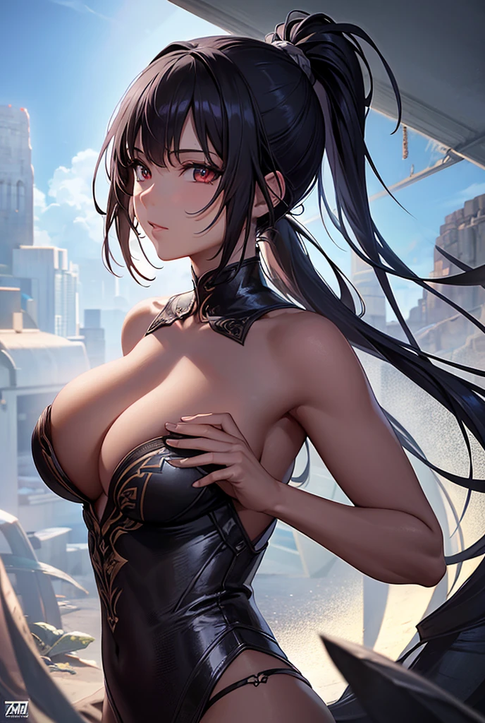 masterpiece, High resolution, High detail, High-resolution model, high quality, Textured skin, Ultra high definition, Black Hair, ponytail, Large Breasts, Dutch Angle, Illustration, anime, Character Design, Digital Art, Super detailed, "Hello"