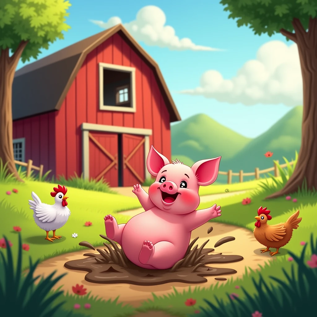 sunny day, piggy roll in the mud happily, chickens flapping their wings happily, big red barn