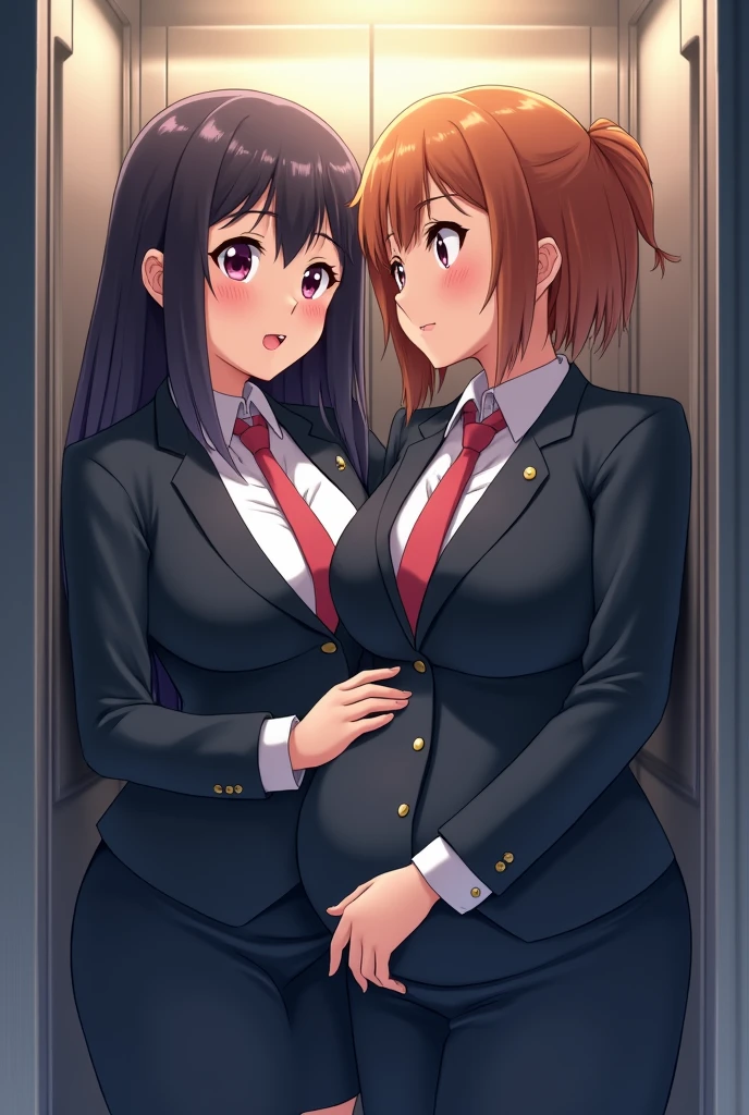 two cute big belly Anime girls in business suits stuck in elevator, tight squeeze