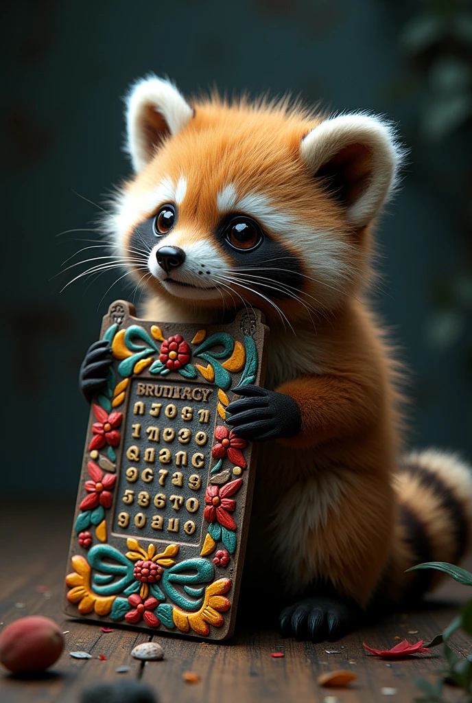 A captivating and surreal photographgraph of a cute extra fluffy  たぬき rendering of a colorful Aztec calendar, Against an ominous background, Dark Background. The calendar is decorated with intricate designs, feather, Bright colors, Highlighting the rich cultural elements of the Aztec civilization. The background provides sharp contrast, Highlight calendar details、Engage your audience&#39;Note., photograph, 3D Rendering, Conceptual Art