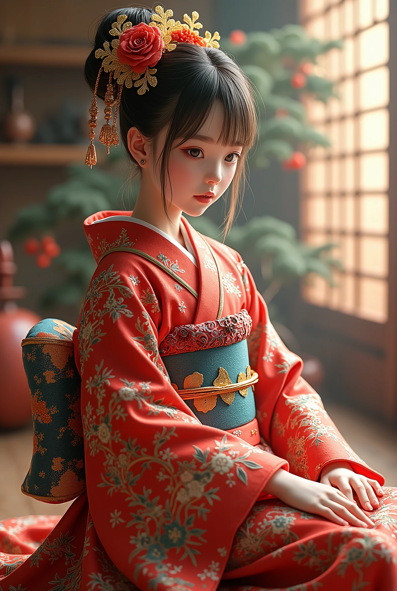 (table top, highest qualityの, highest quality, official art, beautiful and aesthetic:1.2), (1 girl),elaborate costumes(luxurious japanese kimono(colorful kimono(fine embroidery))), very detailed,(fractal art),colorful,best details