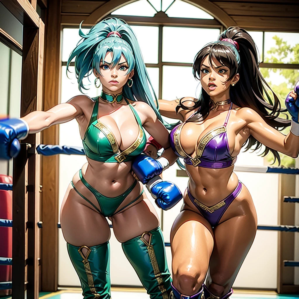 1980s SNES video game "Super Anime Boxing" Brazilian female character and Japan female character match, drawing the whole body with a wide angle, wearing blue boxing gloves and blue long boots, standing up and facing the front to strengthen the face guarding the fighting pose, long silver hair, sharp green eyes, boxing ring with a strength gauge, Glittering samba carnival costumes with national flags representing each nationality.