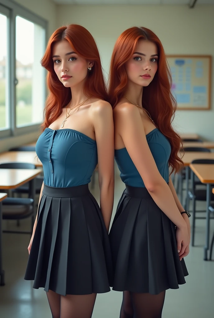 two arab woman, 20 years old, medium redhead straight hair side hairstyle, Big breast, posing from side in photo in full body, sleeveless blue strapless shirt, short plissada skirt black pantyhoses, high heels, in a scholl, detailed face