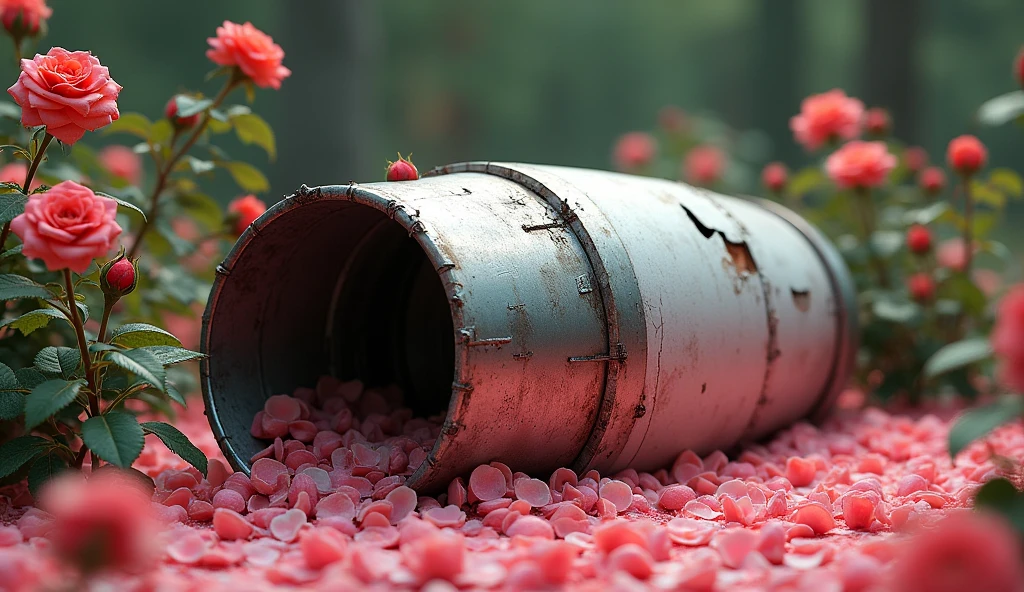 The broken rocket is covered with rose petals. Flowers destroy rockets and rockets explode with rosebuds.