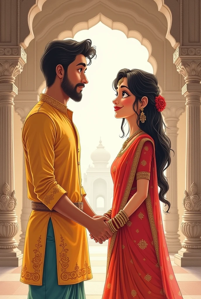 A love pair looking at each other and holding their hands at Indian temple in a traditional wear and it should be like a pencil drawing and their faces should be like a cartoon. And their age between 20-24. Boy should have less beard