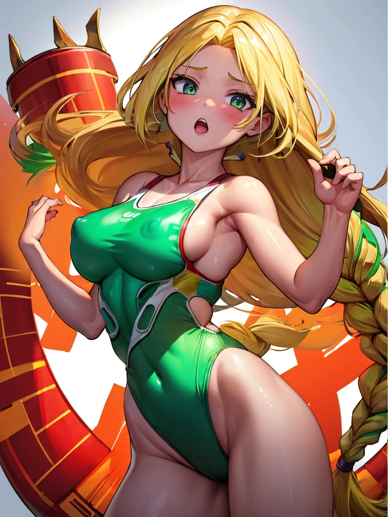  (White background, 1girl:1.4), BREAK,
Long Single braid, blonde hair, Green Eyes,Narrow waist,voluptuous Breasts,(one-piece competitive swimwear,one-piece competition swimsuit:1.6), blush,Open your mouth,(covered nipples:1.2)