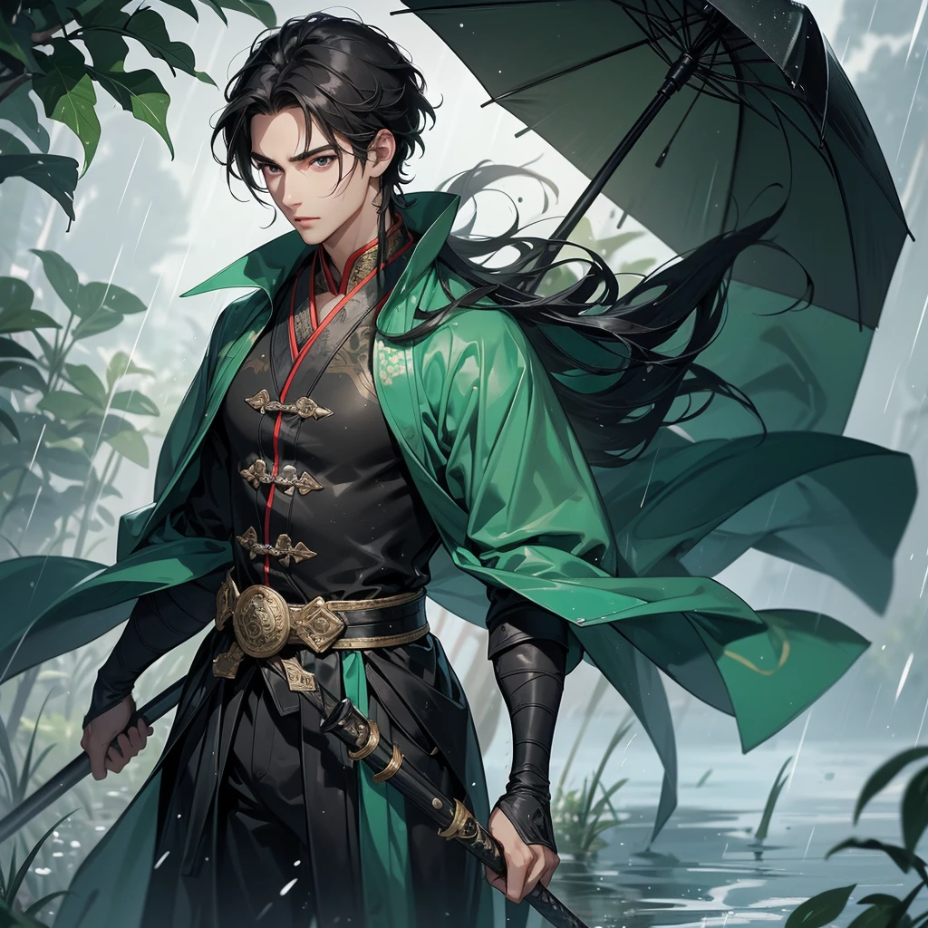 A Handsome black-hair male holding a large sword in an ancient chinese costume, close up.

Stand holding an umbrella to protect from the rain. Rain fell and splashed around. There are water droplets falling on the leaves in the surrounding area, green and moist, the atmosphere after rain.