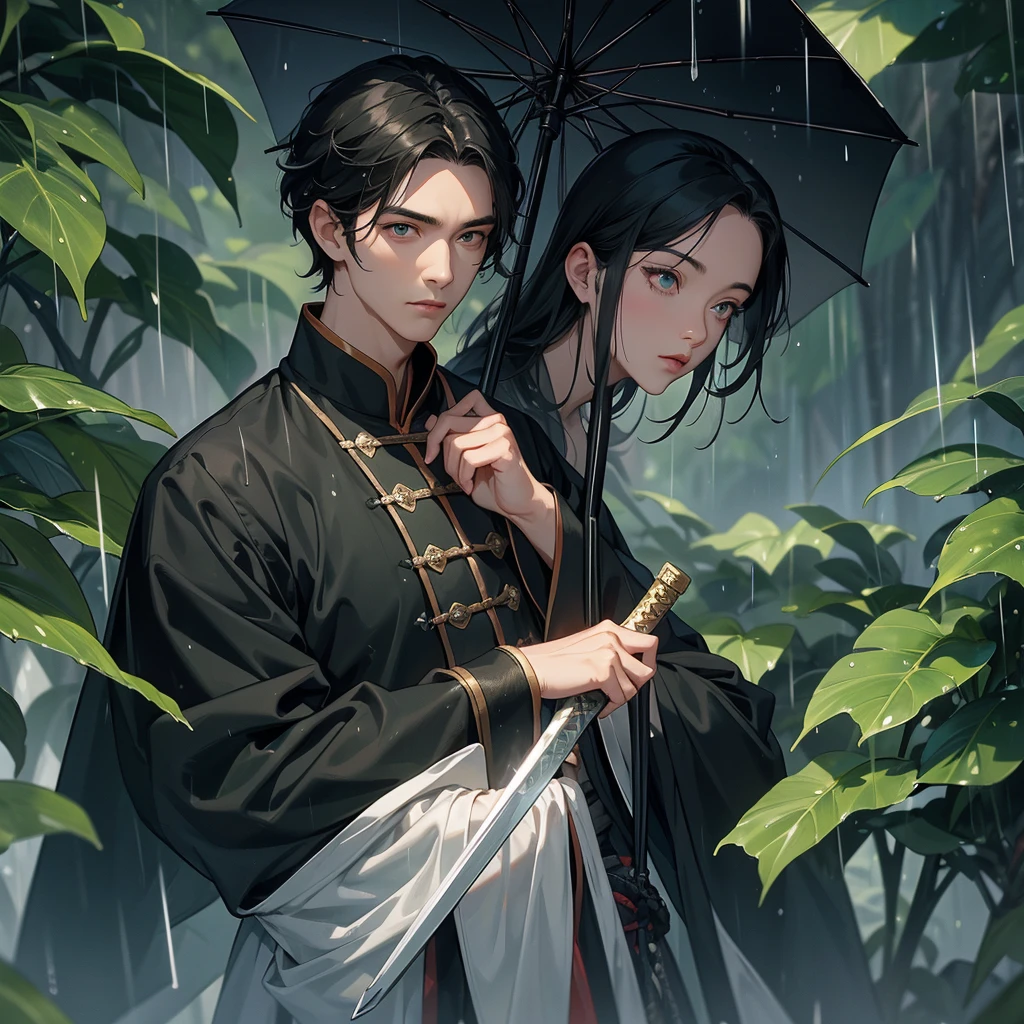 A Handsome black-hair male holding a large sword in an ancient chinese costume, close up.
Stand holding an umbrella to protect from the rain. Rain fell and splashed around. There are water droplets falling on the leaves in the surrounding area, green and moist, the atmosphere after rain.