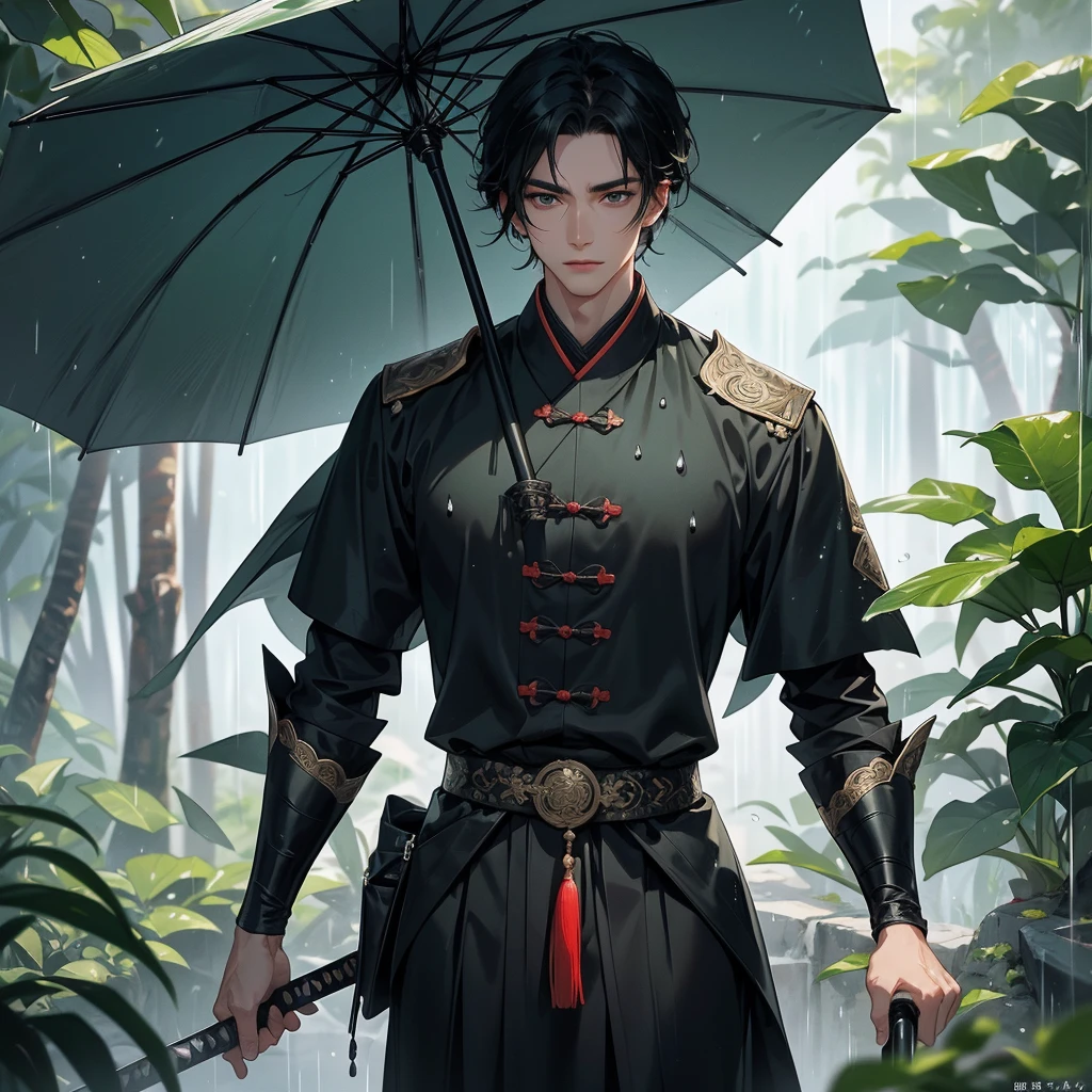 A Handsome black-hair male holding a large sword in an ancient chinese costume, close up.

Stand holding an umbrella to protect from the rain. Rain fell and splashed around. There are water droplets falling on the leaves in the surrounding area, green and moist, the atmosphere after rain.