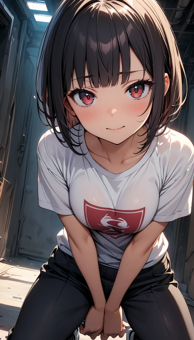 ((masterpiece, Highest quality, High resolution)), ((Highly detailed CG integrated 8K wallpaper)), White and plain T-shirt, The female genitals are in full view,Thin pubic hair, Crouching, Low Angle Shot, Cool look, The background is a dark room. Black Hair, blunt bangs, short hair, Red eyes,Turning his back