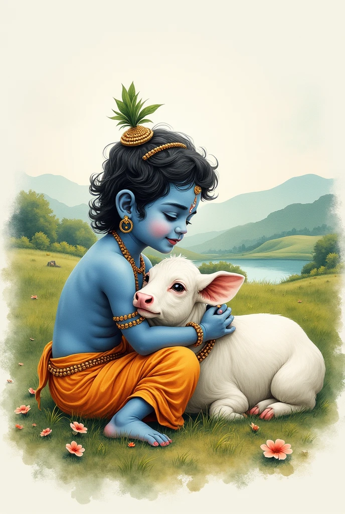 Water colour painting of cute krishna and cow