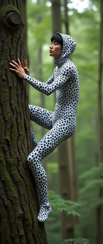the beautiful,slender thin and handsome Asian teenager boy with beautiful cheeks wears white colour leopard print lycra turtleneck unitard catsuit covered with black seamless spots and always wear white leopard colour print lycra elastane stretchy dance wear hood covered with leopard seamless spots.He climbs a tree in the forest.