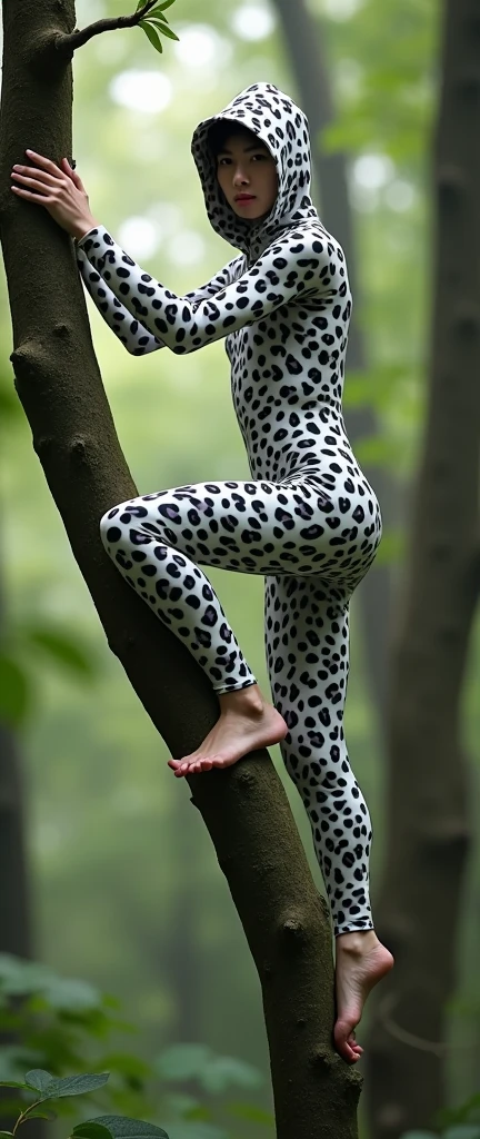 
the beautiful,slender thin and handsome Asian teenager boy with beautiful cheeks wears white colour leopard print lycra turtleneck unitard catsuit covered with black seamless spots and always wear white leopard colour print lycra elastane stretchy dance wear hood covered with leopard seamless spots.He climbs a tree in the forest.