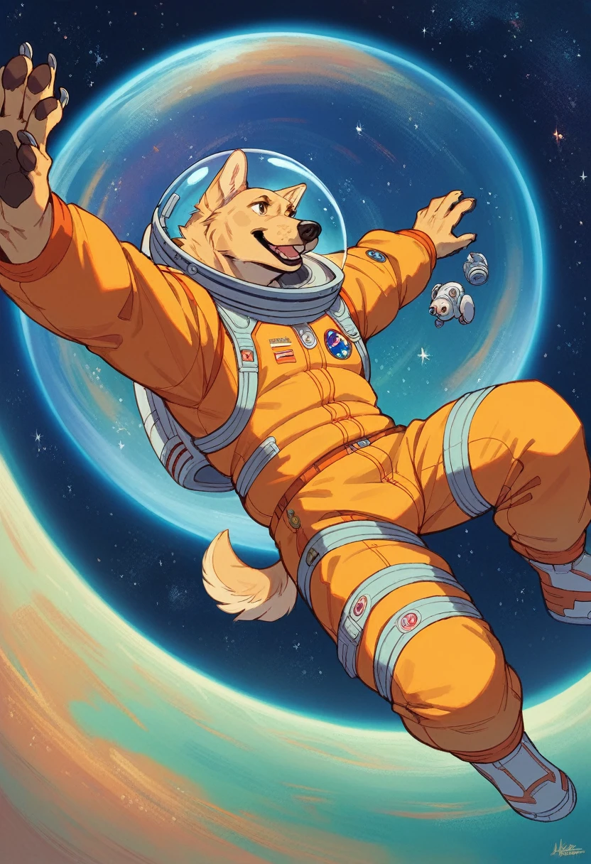 Anthro, furry, dog, golden labrador, falling through space, vintage props floating in air, space background, wearing dog space suit, vibrant colors