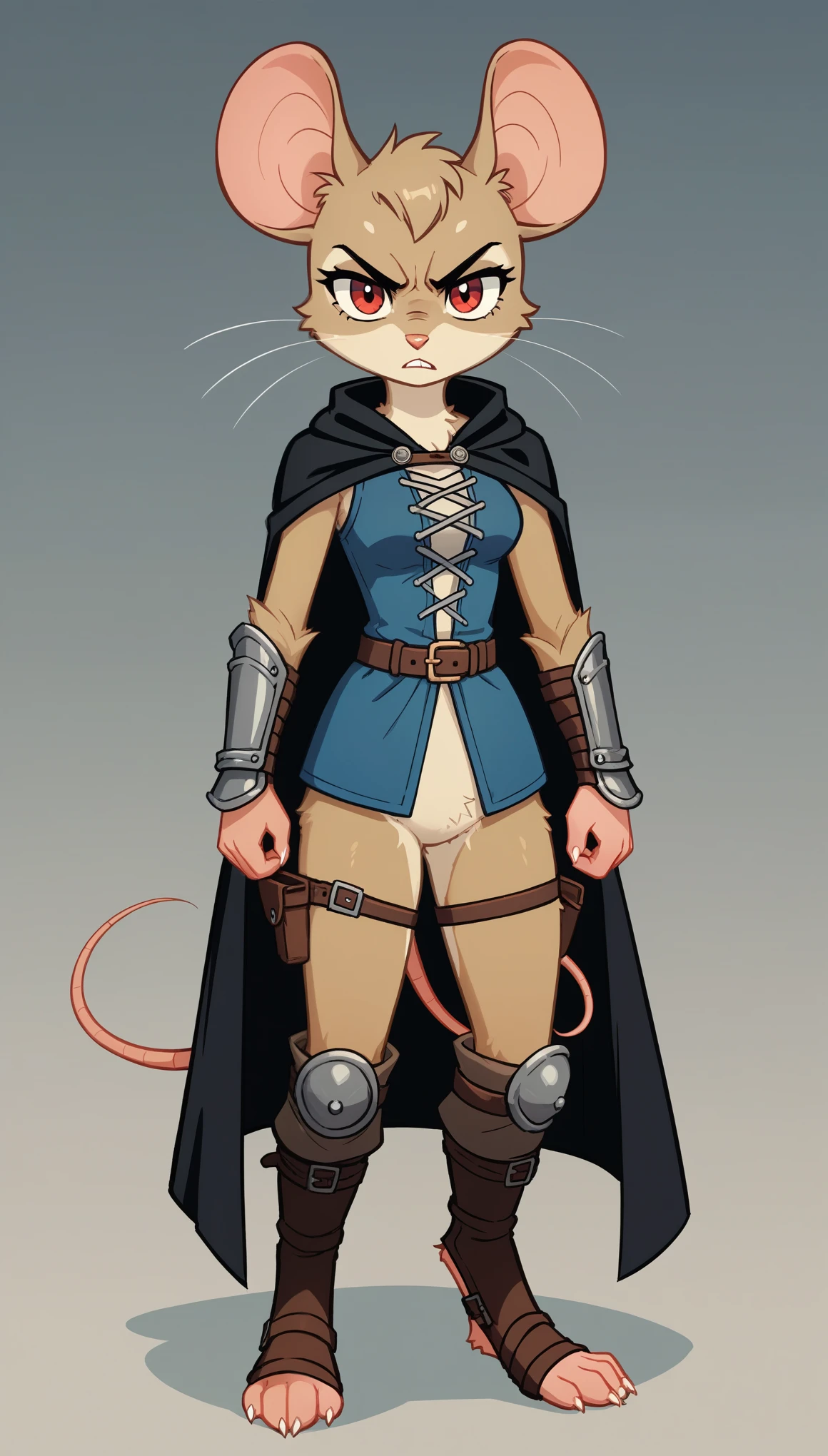 score_9, score_8_up, score_7_up, score_6_up, score_5_up, score_4_up, BREAK [source_anime], source_anthro, rating_safe, [rating_explicit],
(solo), (semi anthro), mouse, female mouse, SWF, medium breasts, skinny body, fur body, ultra fine fur, show accurate, full body, standing, red eyes, (light brown dull fur), determined look, black color open cape, arm guard with leather strips, sheath, belts, thief appearance, medieval sewers background