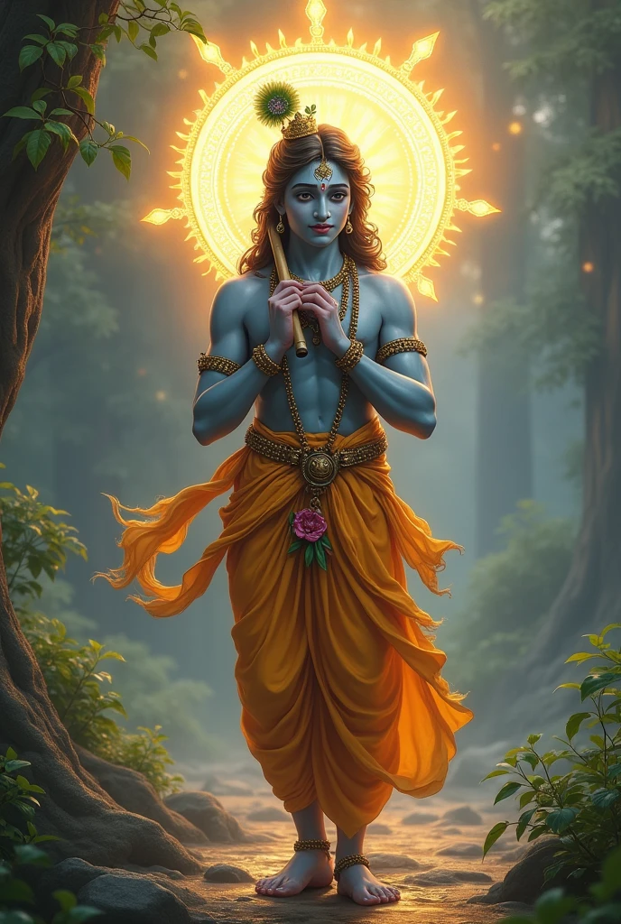 Shri krishna with divine face stand on a ground with bamboo flute in hand, sudarshan lighted chakra above head bbvertically , fantasyreal.