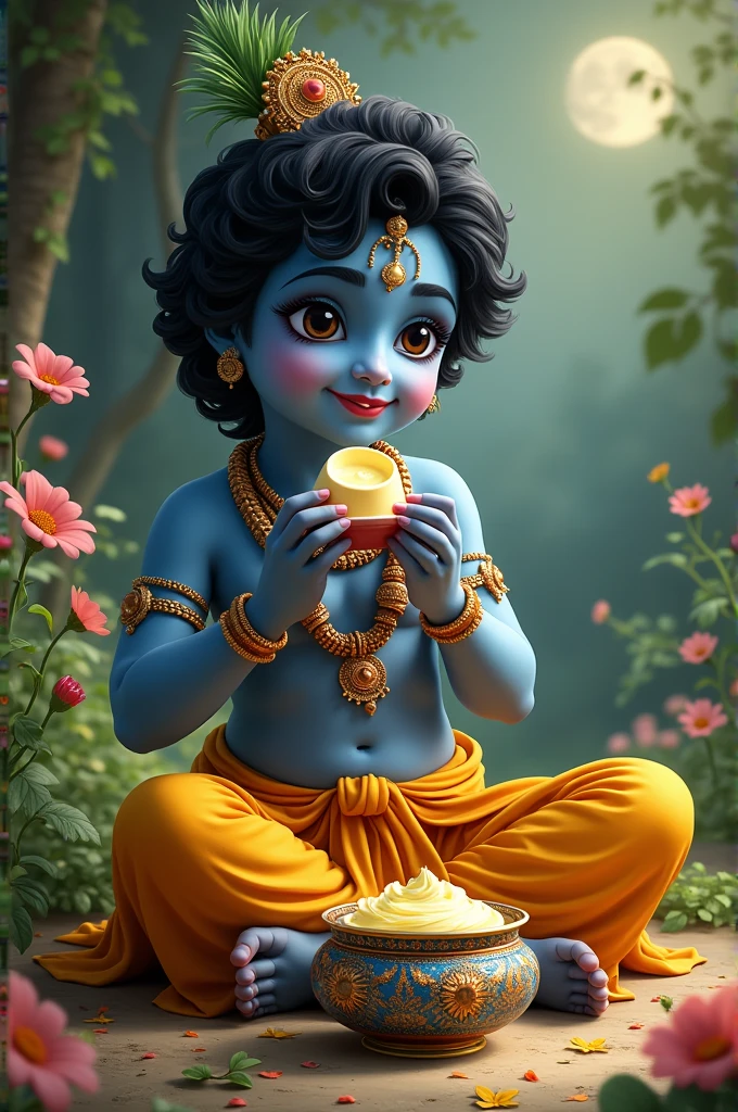 Lord krishna sitting on floor and eating butter from decorated ceramic pot