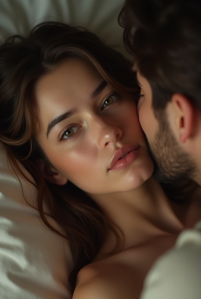 A realistic first-person image of stroking a fair-skinned woman's face., Medium Brown Hair, Light brown eyes, small face about to wake up, sexy posa