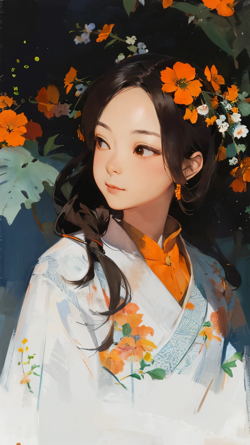 Drawing of woman with orange flowers in her hair, author:Lin Liang, author:Yang J, Zhou Zhe, guweis'masterpiece, Li Song, author:Zhang Han, Ren Yong, by Liang Kai, by Tang Yifen, author:Andrew Law, Gouache-style works, by Li Shida, Xia He