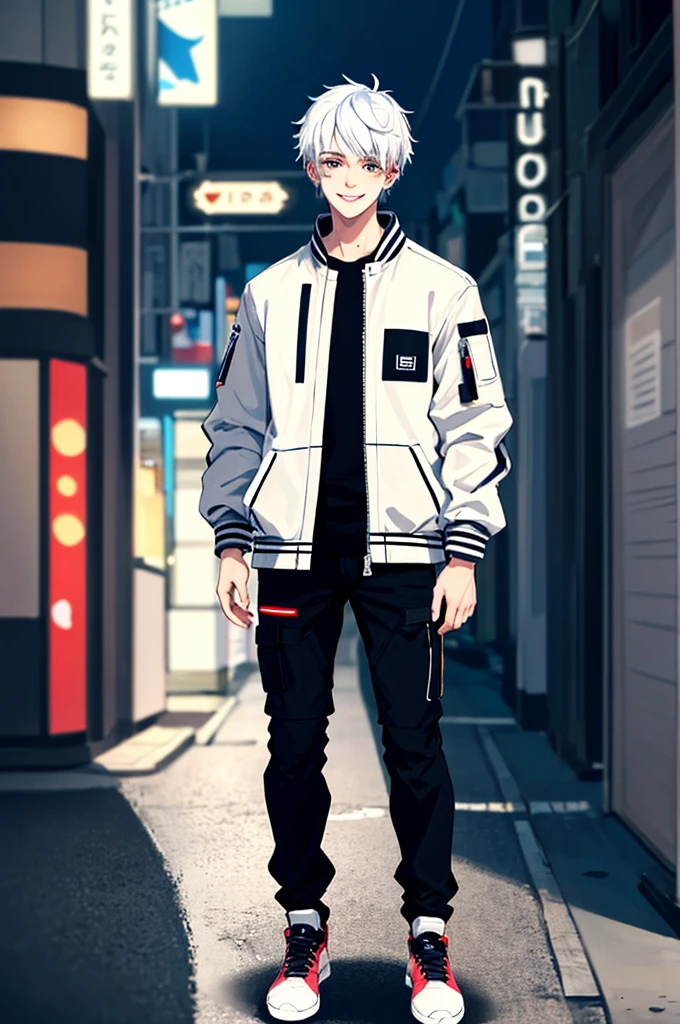 ((masterpiece)), (((best quality))), chromatic lighting,
colorized, white + black limited color palette, 
detailed concept drawing, no weird object on his face, cyberpunk, futuristic, combat pants, casual jacket,
portrait, 25yo 1guy, slender, Shibuya street fashion, short white hair, black eyes, full body(head to toe), smiling 