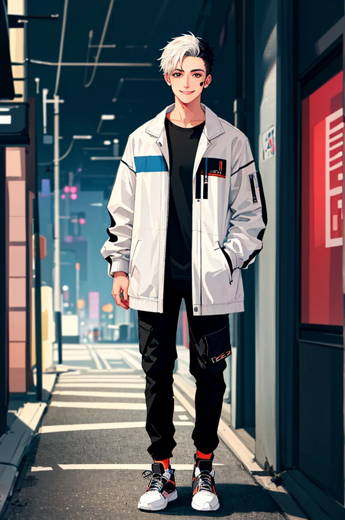 ((masterpiece)), (((best quality))), chromatic lighting,
colorized, white + black limited color palette, 
detailed concept drawing, no weird object on his face, cyberpunk, futuristic, combat pants, casual jacket,
portrait, 25yo 1guy, slender, Shibuya street fashion, short white hair, black eyes, full body(head to toe), smiling 