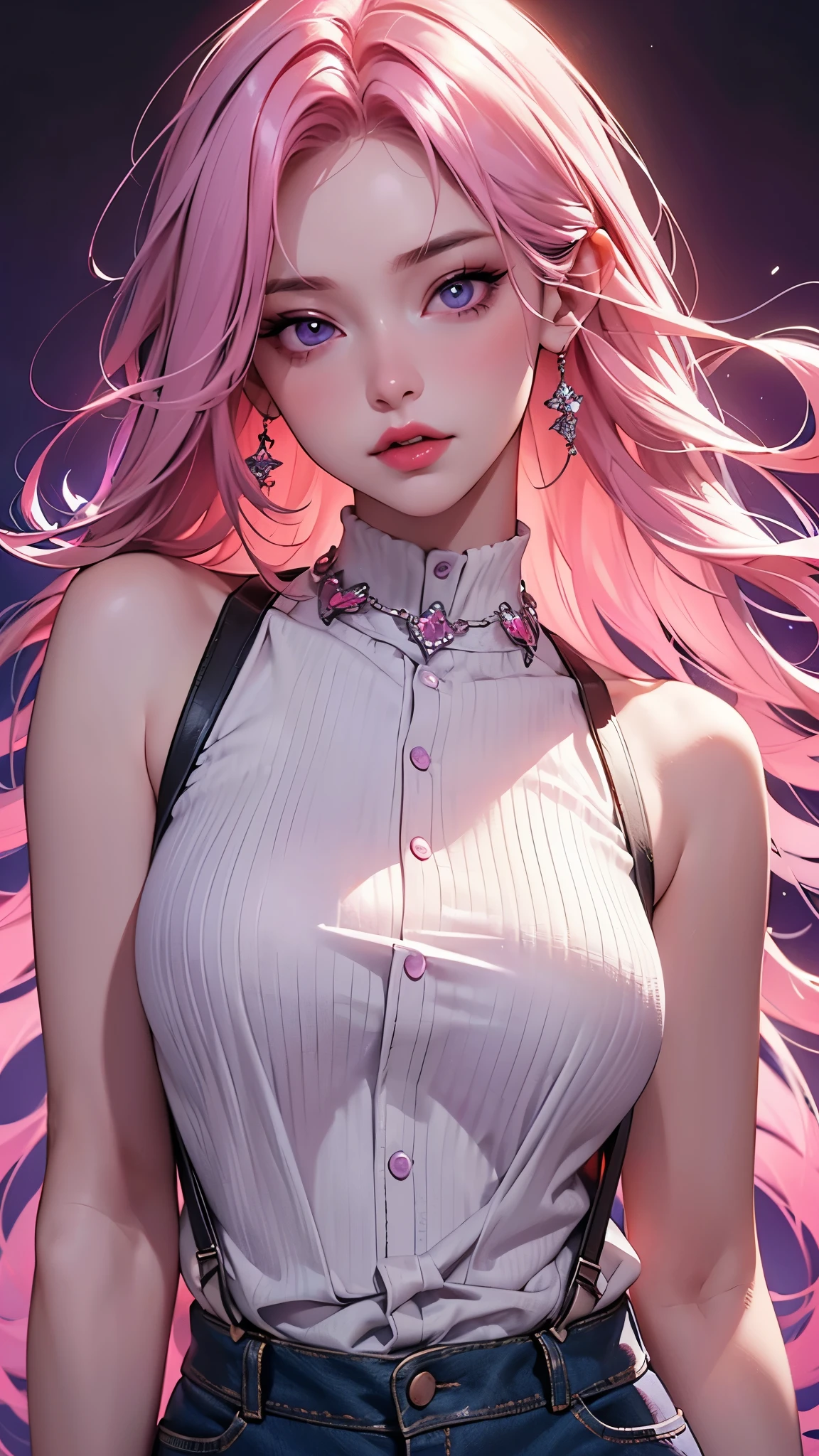 (Best quality,8K,high resolution,masterpiece:1.2),Digital Artwork, A girl,Delicate face,Delicate eyes,Pink Hair,Long and straight hair,Glowing purple eyes,Red lips,Suspenders