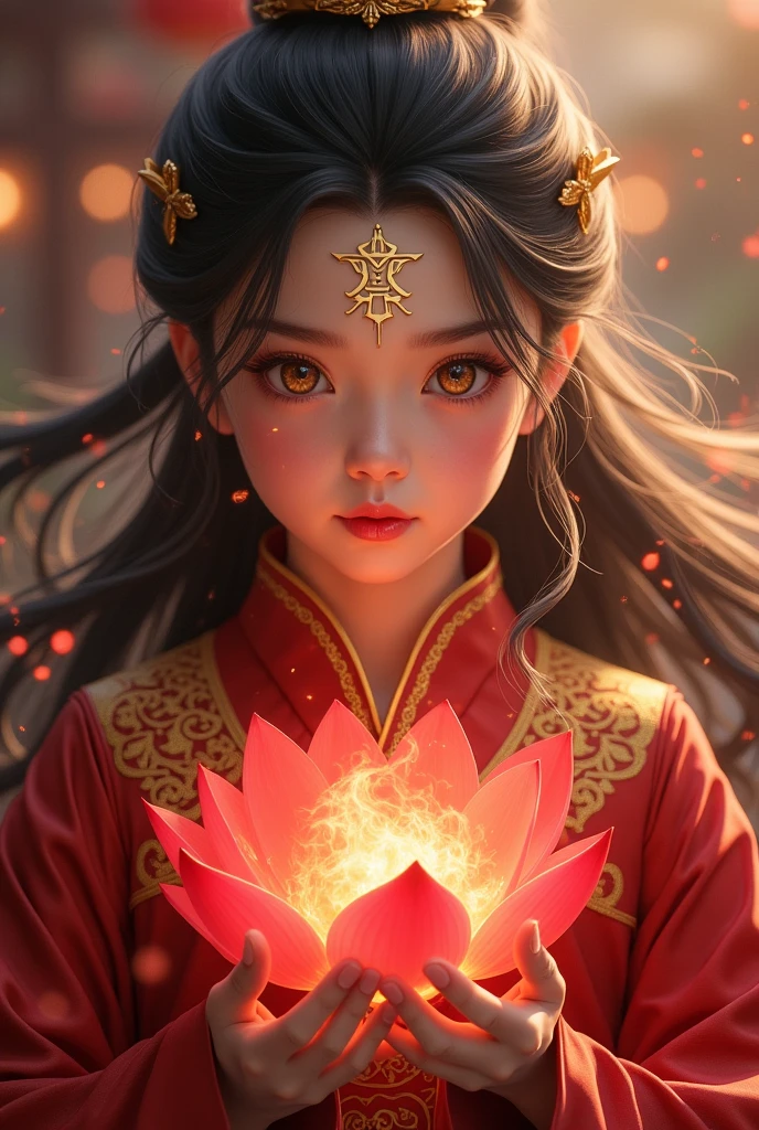 Most beautiful 6 Yo xianxia female protagonist,cold face, ultra realistic face,red dark dominant fillamen and silver undertone long hair ,golden fiery eyes,use majestic garmen with dark Crimson red dominant fillamen,tight clothes,big breast,golden pattern clothes,face detailed,lips detailed,thin red lips,golden rune scratch at fore head, held red lotus heavenly flames,lotus detailed,forehead detailed,better quality, masterpiece,24K ultra hd,super beautiful detail,goddess featuring