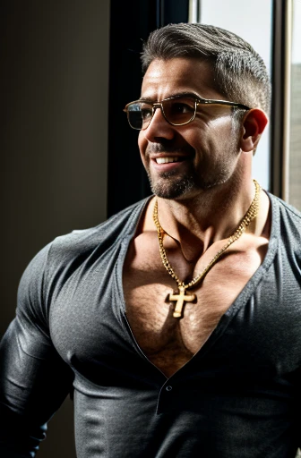 Wild muscle man, (40 year old dad:1.1), Chico 1, alone, Grey Hair (Black dress shirt), (Big shoulders), Muscle tissue, Nargon, Stubble, Short Beard, Cute eyes:1.3, ), (Detailed face:1.3), Wearing glasses, smile, Dynamic Angle, Volumetric lighting, (Highest quality, High resolution, Realistic), Cinema Lighting, masterpiece, Raw photo, Intricate details, High resolution, whole body, Tight jeans ,Cross your arms、Gold Necklace、Gold Bracelet、