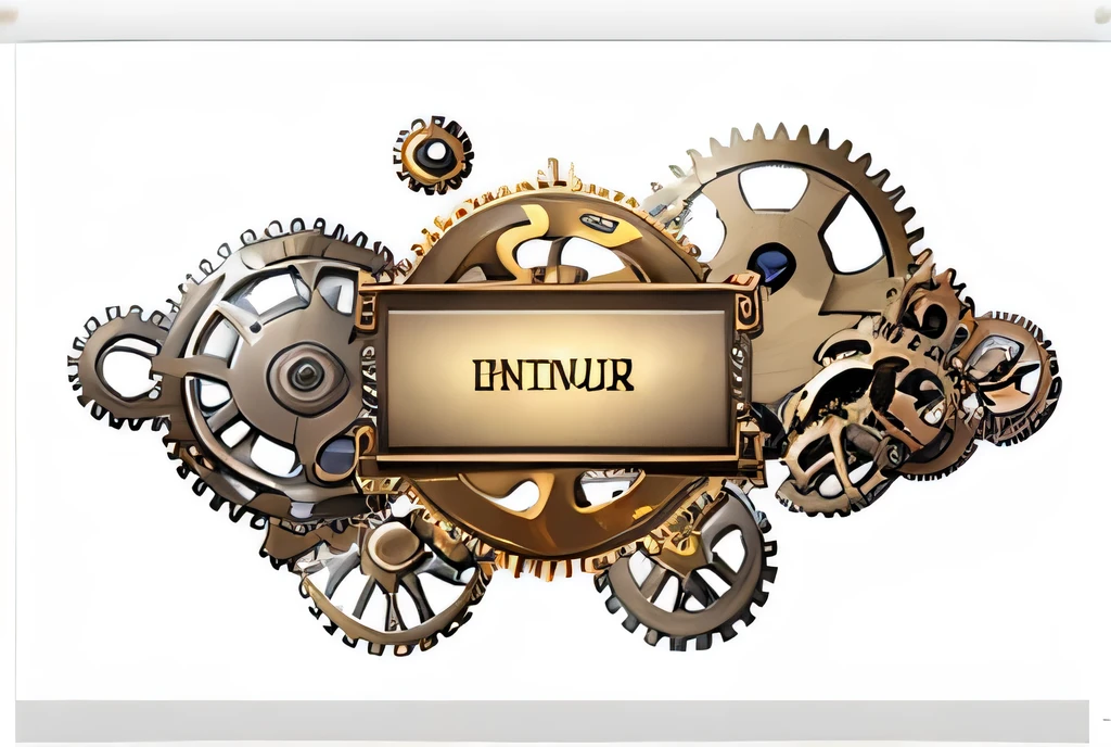 Game ui, border, frame, gears behind frame, steampunk, gold, silver, no background