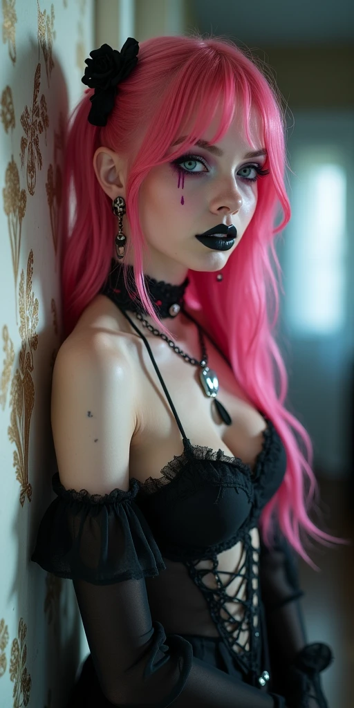 (best quality, ultra-detailed, photorealistic: 1.6), An cinematic photo an goth girl with bright and vibrant colors, studio lighting, romantic expression, with a delicate and beautiful face. Beautiful gothic girl with her with long pink hair matches the gothic makeup, (Skinny anorexic body:1.9), long skinny legs, small tits, (flat chested), her ice blue eyes and mischievous black parted lips, with small seductive breasts, cleavage, Punk-style Gothic dark pink hair, voluminous breasts, skull necklace, Big beautiful eyes, bright ice white eyes, sparkeling white blue eyes, dark goth make up, super long eye lashes , goth. She have a horny face, Pink red Lipstic. like a manwha character, chain details,, walking in leaning pose in the apartment hallway, seductive cleavage, photorealitic, fully body, like a manwha character