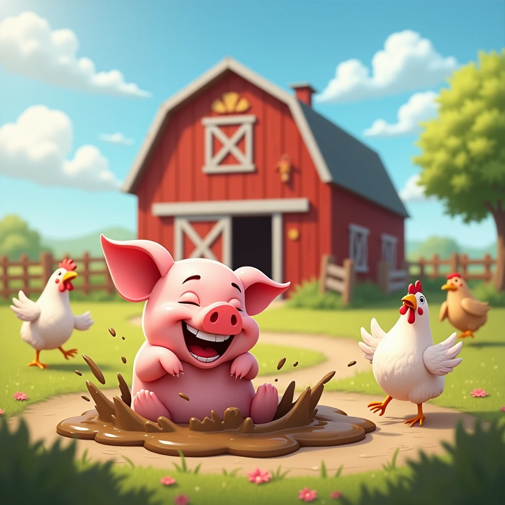 sunny day, piggy roll in the mud happily, at a corner chickens flapping their wings happily, big red barn