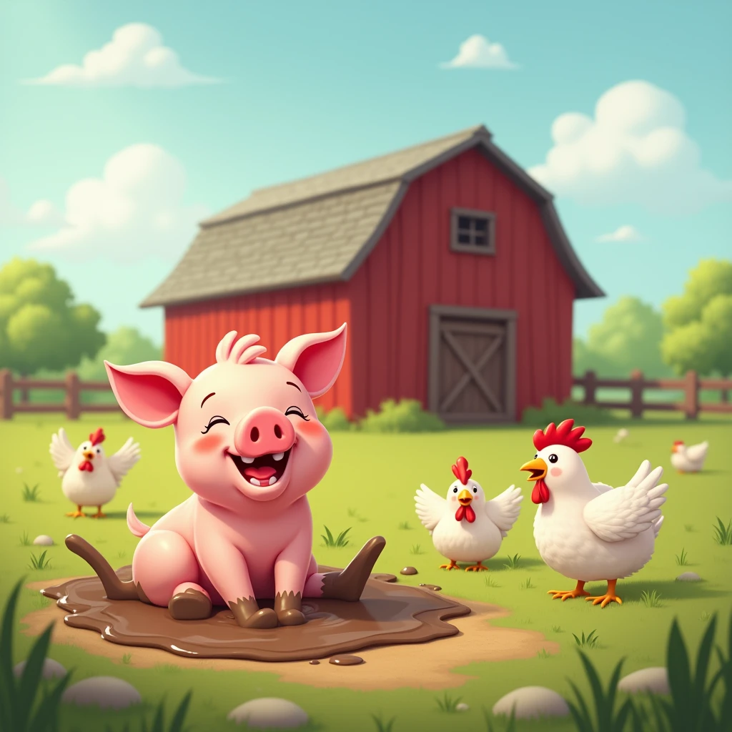 sunny day, piggy roll in the mud happily, at a corner chickens flapping their wings happily, big red barn