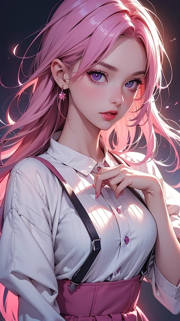(Best quality,8K,high resolution,masterpiece:1.2),Digital Artwork, A girl，Delicate face，Delicate eyes，Pink Hair，Long and straight hair，Glowing purple eyes，Red lips，Suspenders