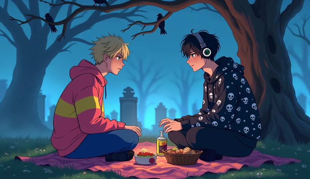 Two male agers are having a date in a cemetery. They are both sitting on a picnic blanket and have a picnic basket with various foods inside and some already on the towel. The male teen on the right is a goth boy wearing a sweatshirt with skull designs. He has black hair and green eyes. He is wearing headphones with skull details. He has black jeans and red shoes. The boy on the left has blond hair and is wearing a pink and yellow sweatshirt. Blue pants and black shoes. Next to him is a huge dead tree with several crows. The two are sitting on a colorful picnic blanket. They are having a picnic in a very spooky cemetery. It is at night and the cemetery has a light fog. The image has to be in anime.