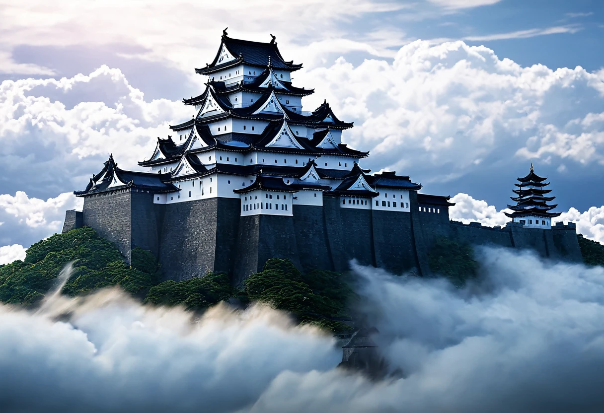 In the midst of the fierce battles of the Sengoku era, a divine castle stands tall. Within its walls resides a dragon, an ancient guardian of the fortress. The dragon’s roar echoes across the battlefield, asserting the castle's dominance and commanding the fear and respect of the warlords. Enveloped in a sea of clouds, this castle blends natural beauty with mysticism, leaving a lasting impression on all who witness its grandeur.