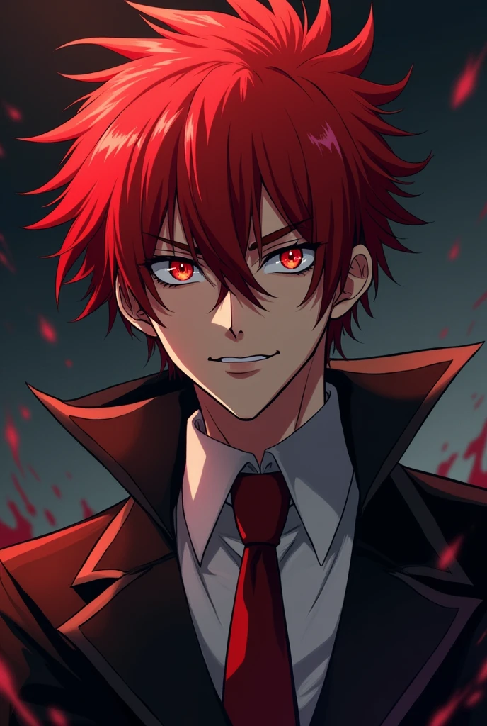Make an anime villain boy with manga style red hair