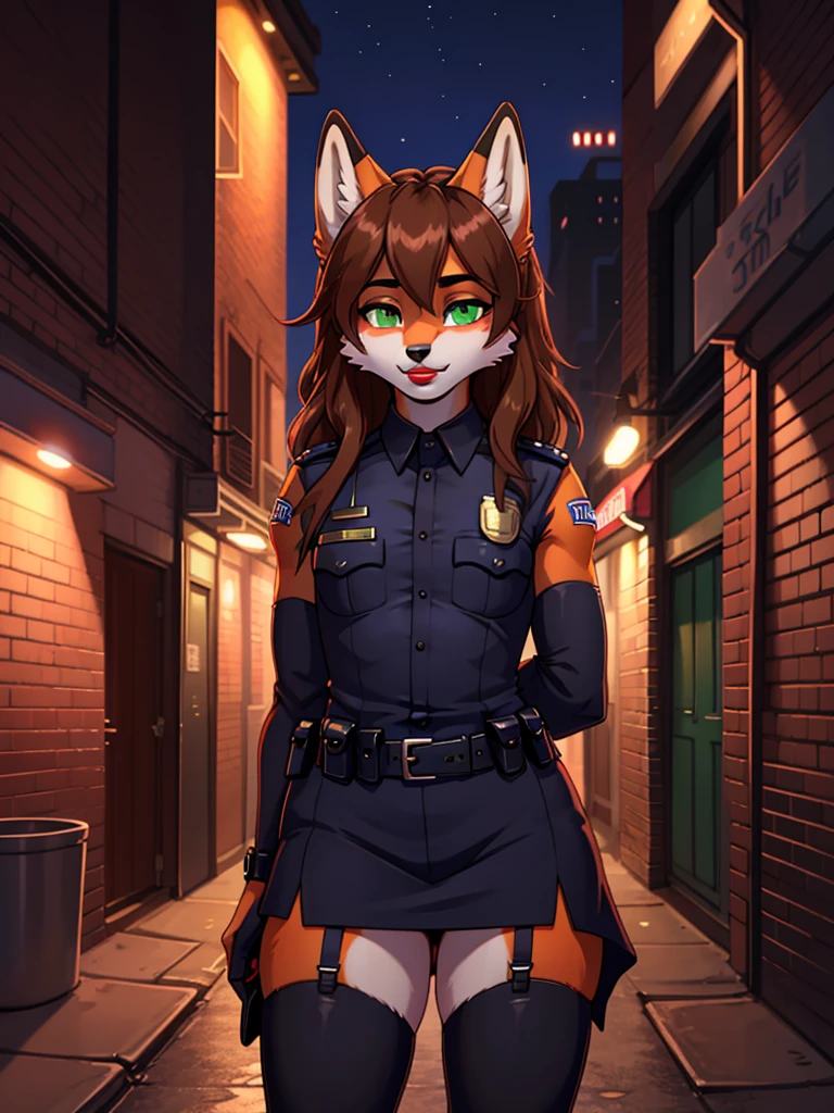 Best quality, furry male fox with green eyes, with brown long hair, with black spout, with red lipstick on lips, big lips, in a policewoman costume, a femboy, crossdressing, shy, sexy pose, portrait, against the backdrop of an empty city alley