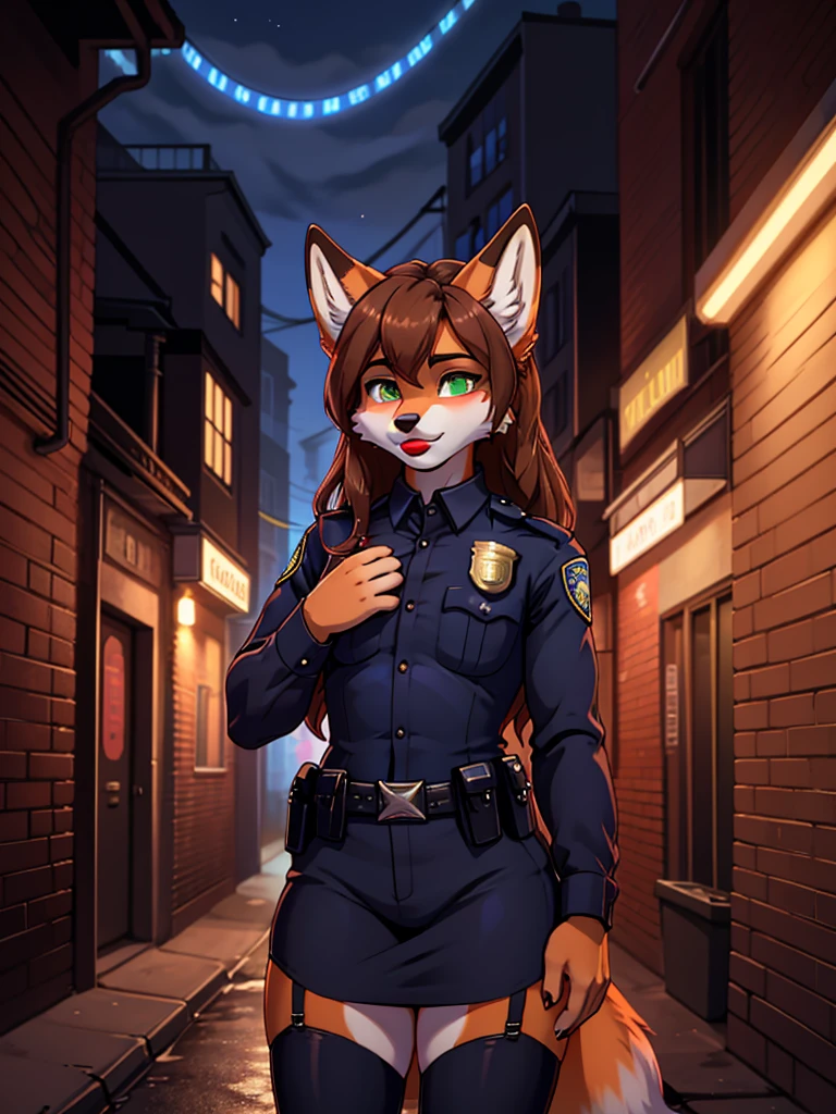Best quality, furry male fox with green eyes, with brown long hair, with black spout, with red lipstick on lips, big lips, in a policewoman costume, a femboy, crossdressing, shy, sexy pose, portrait, against the backdrop of an empty city alley