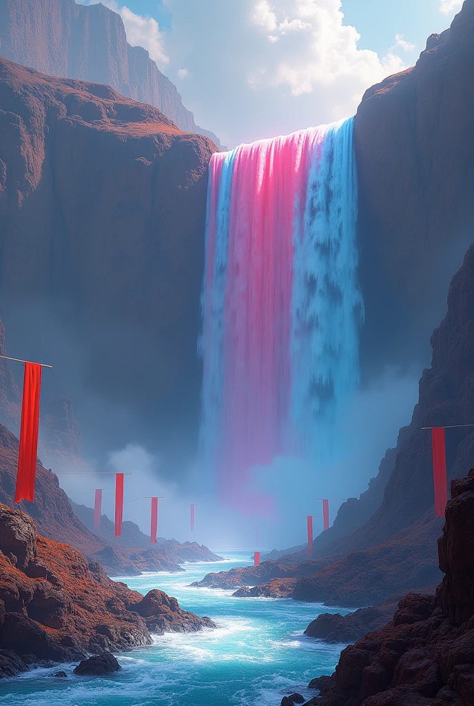 masterpiece ,8k,wallpaper, landscape , red blue and bits of purpurle waterfall, futuristuc style , flags in the wind, wind bells