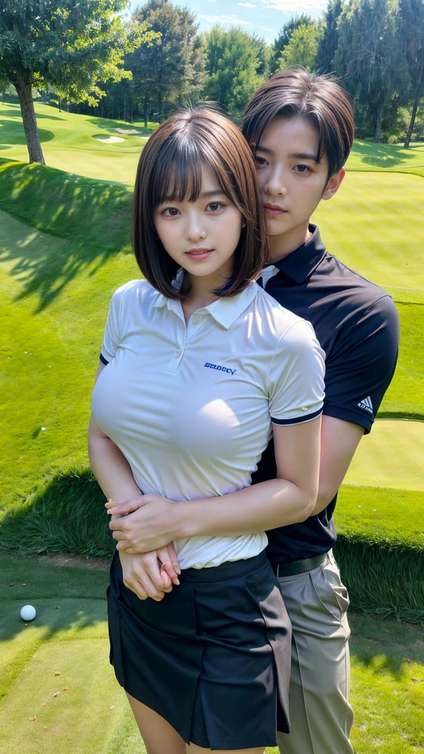 ung office lady being hugged from back by 1 man:1.2,close to each other:1.1), (man's hand touching her breast:1.1),very cute face,bob cut,white skin-tight golf uniform,embarrassed,golf course,perfect anatomy, masterpiece, best quality,8k,perfect face,from front,upper body