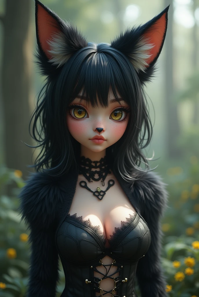 one girl, fox ears, , pure, cute naked, topless, a cat human Mix, human Body, big tits, furry skin, hairy nose , whiskers big eyes, black fur, Cat eyes, hybride 30 %Cat an 70 % human, face mostly human but Cat nose 