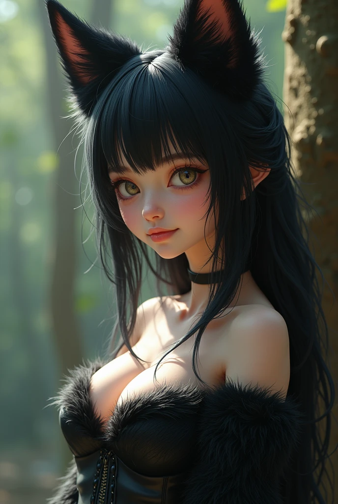 one girl, fox ears, , pure, cute naked, topless, a cat human Mix, human Body, big tits, furry skin, hairy nose , whiskers big eyes, black fur, Cat eyes, hybride 30 %Cat an 70 % human, Sharp fangs, mouth Open,