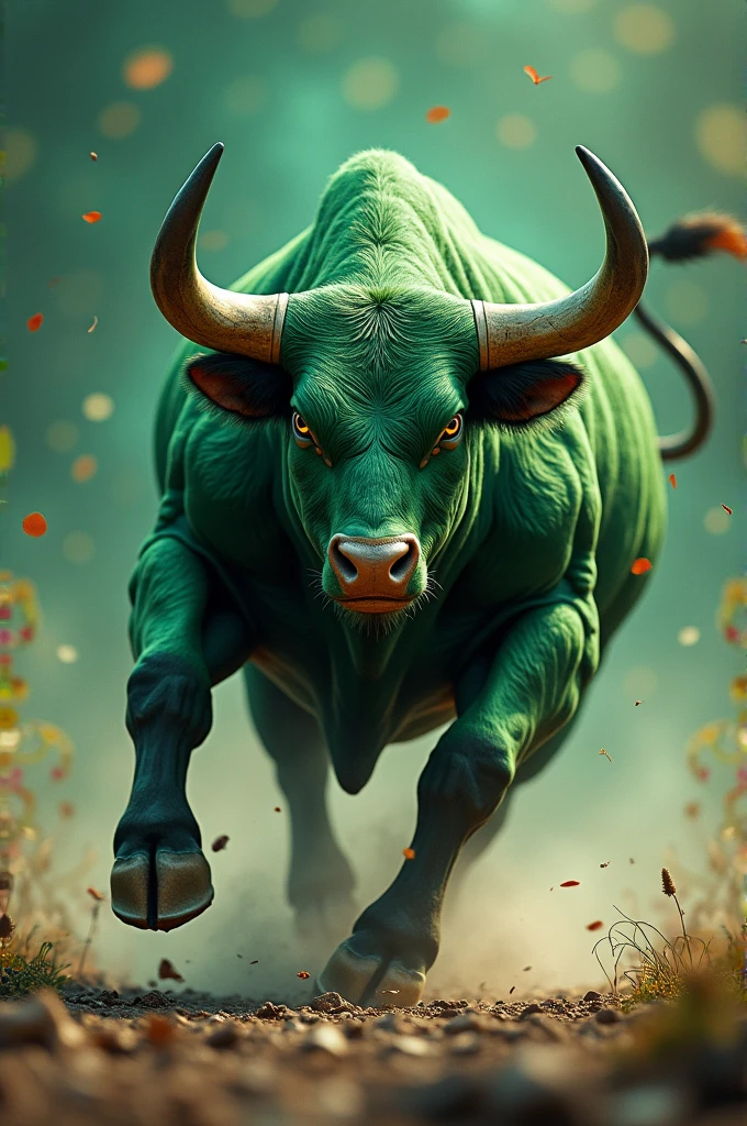 Strong green bull, sharp horn longipright tail,running over the bullish nepse chart,angry face
