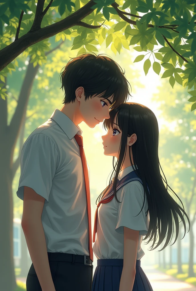 anime style.scene high quality in the school under a tree.A high school couple.A boy which taller than the girl. The boy is touch the girl head.the girl feel ashamed and introvert and yield her head.the girl is long black hair and the boy is textured bowl cut. Drawing ligh more visible and details。they wear school uniform(malaysia style) their skin whitening