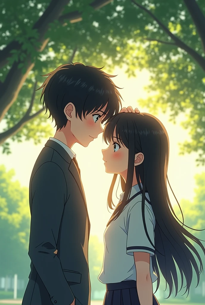 anime style.scene high quality in the school under a tree.A high school couple.A boy which taller than the girl. The boy is touch the girl head.the girl feel ashamed and introvert and yield her head.the girl is long black hair and the boy is textured bowl cut. Drawing ligh more visible and details。they wear school uniform(malaysia style) their skin whitening