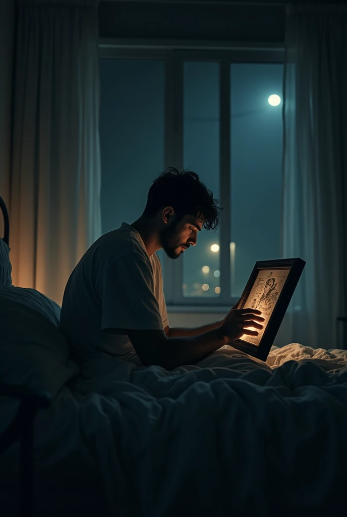 A night scene in a quiet bedroom. The man, sitting on a bed, is looking at a framed photo