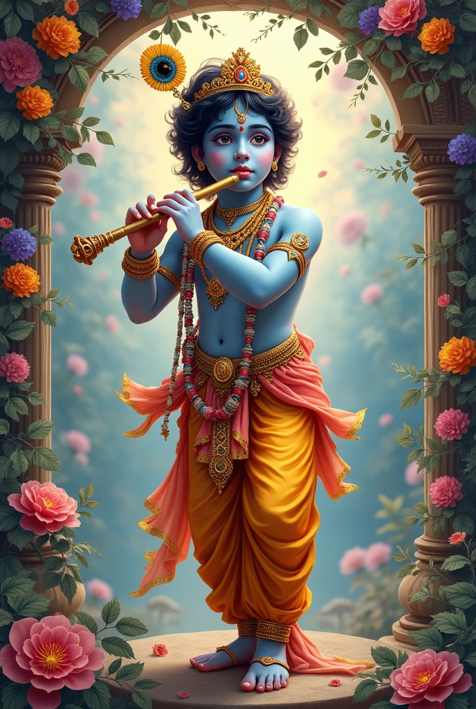 Lord krishna with flute ,image border made of different colours
